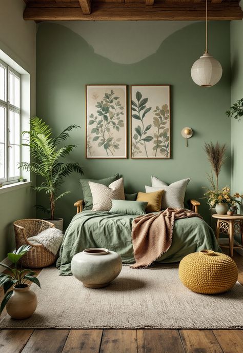 Sage Green Farmhouse Bedroom Emerald And Sage Bedroom, Bedrooms Painted Green, Sage Bedroom Ideas Colour Palettes, Rustic Green Bedroom Ideas, Sage Green Interiors, Green Accent Room, Sage Walls Bedroom, Sage Bedroom Walls, Sage Accent Wall