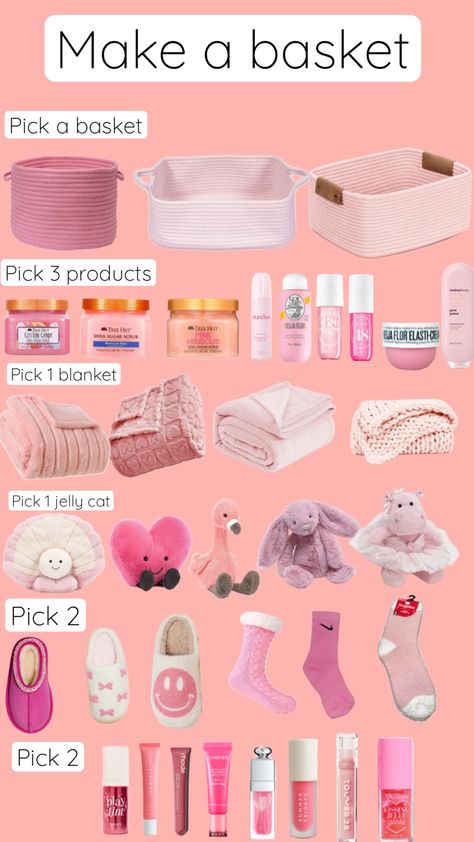 #pinkbasket #pink #pinkaesthetic #aesthetic #preppy #israelwillbefree #israelwillbefree All Pink Gift Basket Ideas, Pick Your Burr Basket, Pick Your Basket, Small Burr Basket Ideas, Bunny Basket Ideas, Cheap Burr Basket Ideas For Friends, Pink Burr Basket, Preppy Gift Basket, Pink Themed Gift Basket