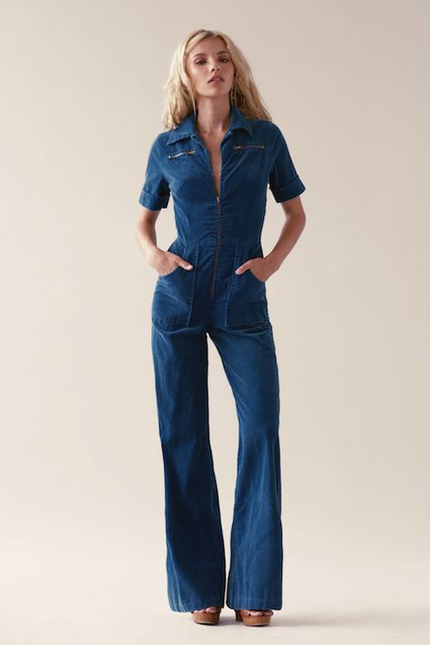 70s Charlie’s Angels, Jeans Into Jumpsuit, 70s Fashion 2023, 70s Fashion Jumpsuits, Jean Jumpsuit Outfit Summer, 70s Jean Jumpsuit, 70s Fashion Denim, 70s Outfits For Women, How To Style A Jumpsuit