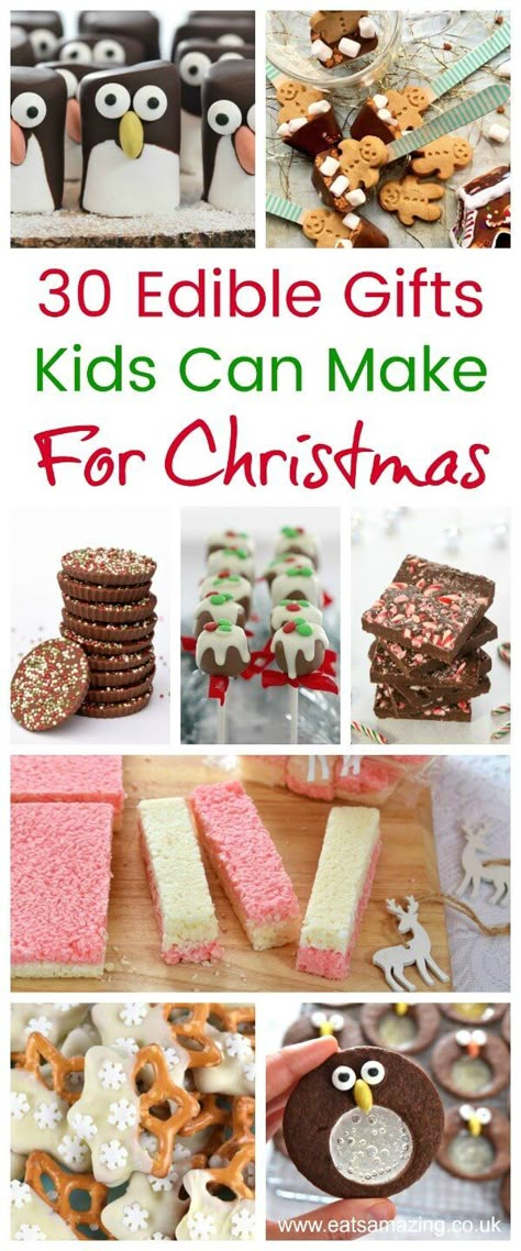 30 Fun and Easy Edible Gifts kids can make for Christmas - perfect for family friends and teacher gifts - Eats Amazing UK #ChristmasFood #christmasgifts #christmasgiftideas #ediblegifts #giftideas #diygifts #teachergifts #foodgift #treats #cookingwithkids Diy Christmas Treats For Kids, Diy Edible Christmas Gifts, Edible Christmas Gifts Homemade, Xmas Food Gifts, Mini Christmas Puddings, Christmas Treats For Kids, Edible Gift Ideas, Diy Christmas Treats, Mini Christmas Cakes