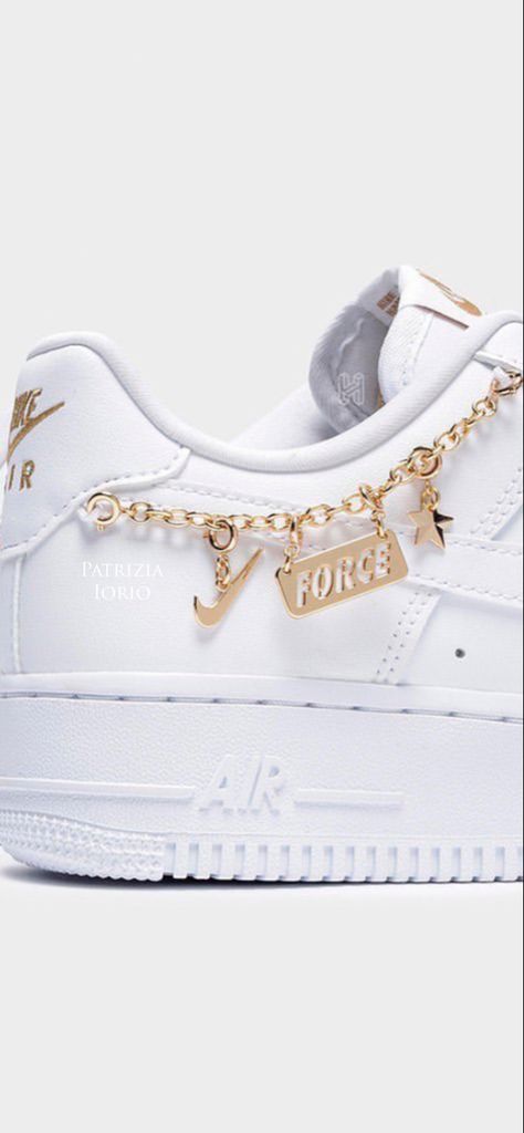 Cute Nike Shoes, Cute Nikes, Air Force Ones, Lucky Charm, Gold Charm, White Nikes, Nike Air Force, Charm Jewelry, Wedding Sneaker