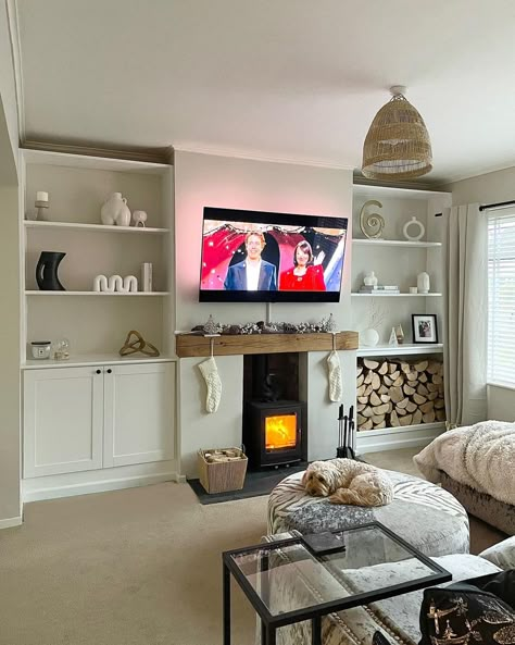 Log burner, fireplace transformation, media wall Tv Wall Log Burner, Cosy Living Room Log Burner, Shelves Around Fireplace With Tv, Log Burner Fireplace With Tv Above, Log Burner Media Wall Ideas, Entertainment Wall With Log Burner, Media Wall With Wood Burner, Lounge With Log Burner And Tv, Media Wall Ideas With Log Burner