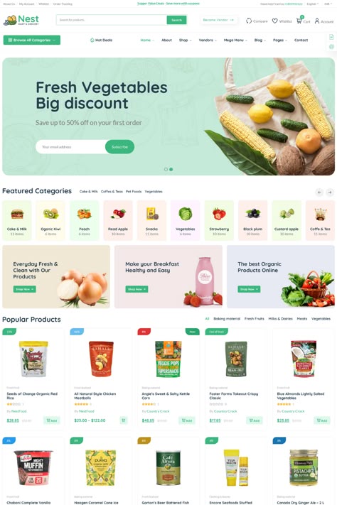 Nest is the perfect WooCommerce WordPress theme for grocery stores and businesses looking to sell food online. With its intuitive user interface and high converting design, Nest is the perfect choice for businesses looking to expand their online presence. This theme includes a variety of features to help you customize and tailor your online store, such as a drag-and-drop page builder and customizable widgets. Grocery Store Website Design, Woocommerce Website Design, Grocery Website Design, Online Food Business Ideas, Food Store Design, Food Website Design Inspiration, Grocery Store Website, Online Store Web Design, Ecommerce Ui Design