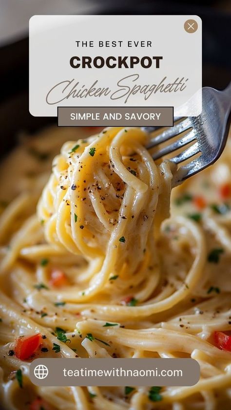 Whip up this delicious and creamy CrockPot Chicken Spaghetti with minimal effort! This easy slow-cooker recipe combines tender chicken, spaghetti, and a rich, cheesy sauce, making it a perfect family dinner. Ideal for busy weeknights or meal prep, this comforting dish will become a household favorite. Fast Crockpot Chicken Recipes, Creamy Crockpot Chicken Spaghetti, Crockpot Chicken Spaghetti Recipe, Crock Pot Chicken Spaghetti, Spaghetti With Cheese, Simple Crockpot Chicken, Chicken Spaghetti Recipe Crockpot, Crock Pot Cheesy Chicken, Healthy Crockpot Chicken