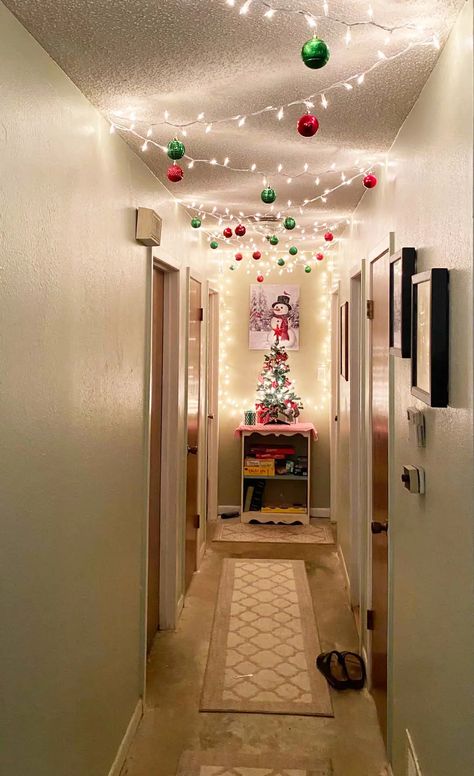 Budget Friendly Hallway Christmas Decoration Christmas Ideas For Hallways, Christmas Decorating Hallway, Christmas Lights Down Hallway, Hallway Decor Christmas, Christmas Lights Ceiling Hallway, Lights In Hallway Ceilings Christmas, Christmas Hall Decorations Hallways, Christmas Lights Hallway, Hallway Lights Christmas