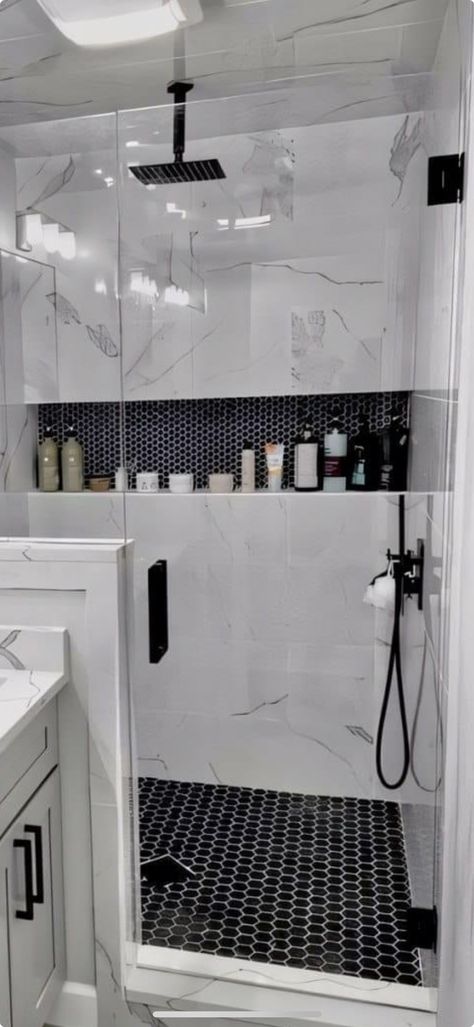 Ensuite Bathroom Renovations, Long Narrow Full Bathroom Layout, White And Grey Bathroom With Tub, Large Curbless Shower Ideas, White And Black Shower Tile Ideas, Black Walkin Shower Ideas, Half Bathroom Remodel Modern, Bathroom With No Tub, Window In Bathroom Privacy