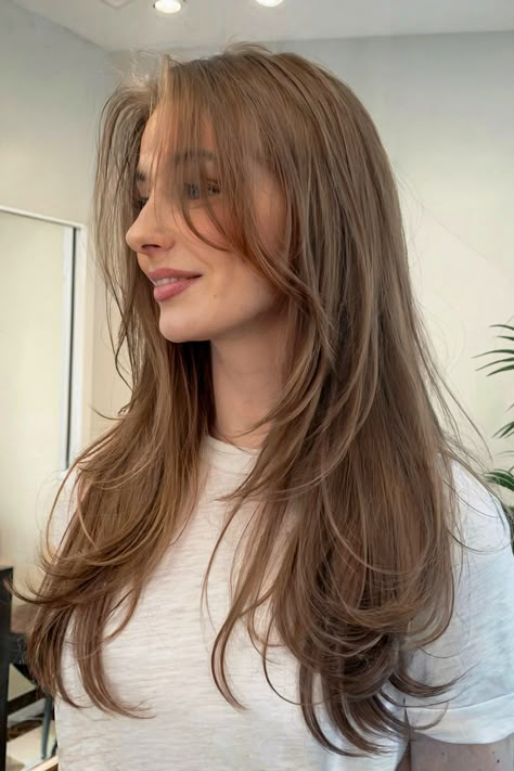 Trendy layered haircuts for long hair Long Hair W Face Framing, Haircuts Layers Face Framing, Long Layers And Long Bangs, Long Hair Dimensional Layers, Hair Colors For Layered Hair, Long Layered Haircuts On Straight Hair, Long Layers Haircut V Shape, Layers For Long Hair Face Framing, Long Layer Hairstyle