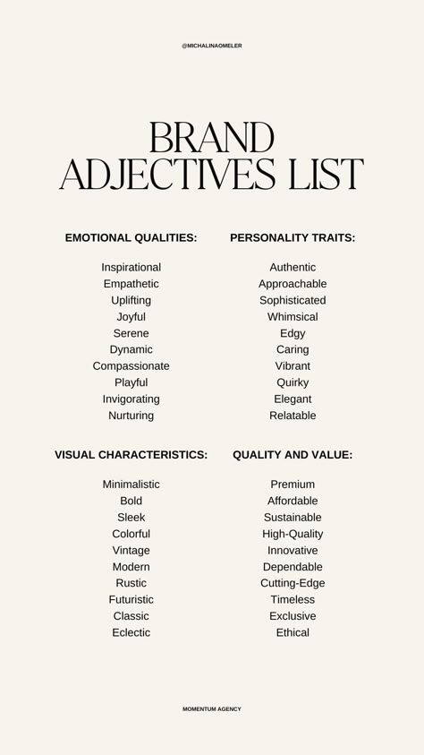 Unlock your brand's personality with these adjective lists!  Discover your brand's unique voice.  #BrandPersonality #Branding #MarketingTips #Adjectives #BrandStrategy Creating Your Own Brand, Branding Examples Inspiration, Creating A Brand For Yourself, Words To Describe Your Brand, Brand Adjectives List, Professional Personal Branding, Fashion Brand Marketing Strategy, Brand Personality Adjectives, Branding For Business