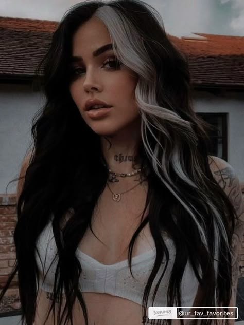 Black Hair With Front Pieces, Money Piece Hair Dye Ideas, Hottest Brunette Hair Color, Black Blonde Money Piece, Black Hair With Blonde Money Piece Only, Money Pieces With Black Hair, Dark Hair With One Streak Of Color, Peekaboo Color Lash Extensions, Strip Of Blonde In Black Hair