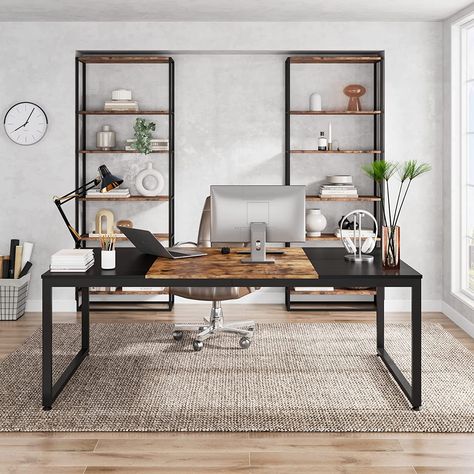 Tribesigns 70.8 Inch Modern Executive Desk, Large Workstation Office Computer Table, Modern Simple Business Study Writing Desk Furniture for Home Office, Black and Brown Black Desk Office, Contemporary Office Space, Office Activities, Modern Executive Desk, Desk Wood, Grande Table, Contemporary Office, Office Inspo, Black Desk