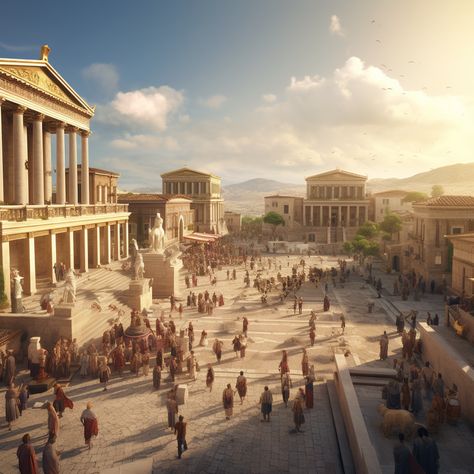 Wide shot of an ancient Greek city, capturing the essence of the era's architecture and ambiance. The camera pans slowly through the bustling streets, immersing the audience in the historical setting. Ancient Temples Concept Art, Ancient Greeks Aesthetic, Greek Civilization Architecture, Ancient Greece Concept Art, Ancient Greece Buildings, Ancient Greek City Fantasy Art, Futuristic Ancient Greece, Greek Mythology Buildings, Old Greek Architecture