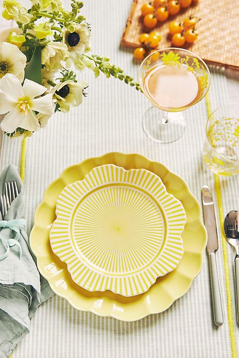 This modern flatware set features a resin handle for a comfortable hold and stunning addition to any tablescape. | Fantasia Flatware 5-Piece Place Setting by Mepra in Grey, Size: Small at Anthropologie Yellow Dinner, Brunch Table Setting, Yellow Glasses, Brunch Table, Spring Brunch, Wedding Place Settings, Green Bowl, Reactive Glaze, Stemless Wine Glasses