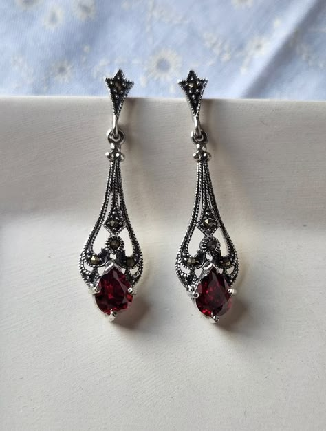 Victorian Dangle Earrings Sterling Silver Marcasite Red Glass 925 Romantic Gothic Dark Academia Speakeasy Filigree Earrings - Etsy Gothic Dark Academia, Gothic Earrings, Red Jewelry, Filigree Earrings, Funky Jewelry, Red Earrings, Dessin Adorable, Jewelry Lookbook, Earrings Red