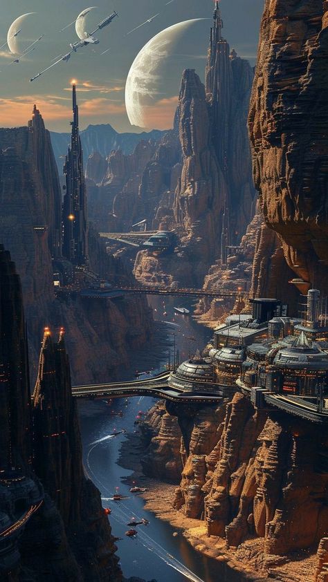 Sci Fi Architecture, Sci Fi Landscape, Science Fiction Artwork, Galaxies Wallpaper, Sci Fi City, Scifi Art, Space Fantasy, Planets Art, Arte Cyberpunk