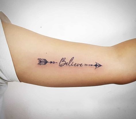 Arrow Tattoo Believe Arrow With Writing Tattoo, Believe Arrow Tattoo, Arrow Script Tattoo, Arrow Memorial Tattoo, Believer Tattoo Men, Still I Rise Arrow Tattoo, Meaning Of Arrow Tattoos For Women, Arrow Tattoos Meaning, Arrow Tattoo Designs For Women