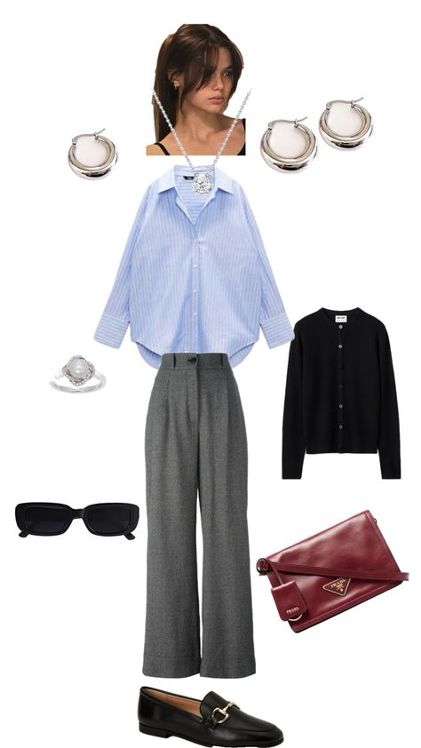 It's an outfit idea for work with grey trousers, blue shirt, and burgundy Prada bag How To Style Grey Pants Work Outfits, Outfits With Grey Trousers, Gray Trousers Outfit Women Work, Grey Matching Colors Outfit, Grey Trousers Outfit Women Work Attire, Light Gray Trousers Outfit, Light Grey Trousers Outfit, Dark Grey Pants Outfit, Grey Trousers Outfit Women