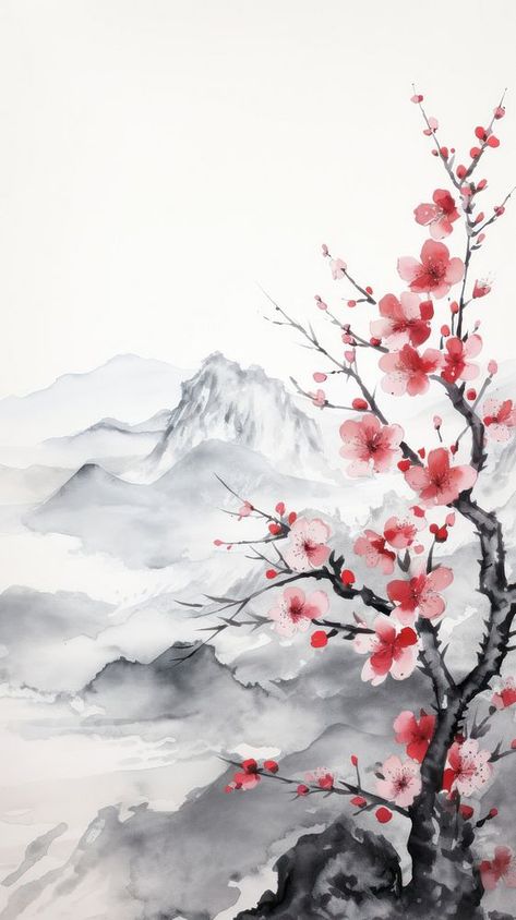 Plum blossom on the mountain range painting flower plant | premium image by rawpixel.com / north Mountain Range Painting, Plum Blossom Painting, Iphone Wallpaper Texture, Chinese Background, Asian Flowers, Painting Flowers Tutorial, Zen Painting, Japan Painting, Chinese Landscape Painting