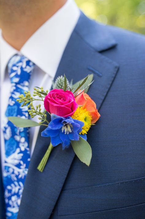 Bright Colored Boutonniere, Bright Dried Flower Arrangements, Colorful Wedding Boutonniere, Bright Colors Wedding Theme, Bright Floral Bouquets, Mexican Bouquet Of Flowers, Bold Summer Wedding Colors, Colorful Corsage And Boutonniere, Bright Color Bridal Bouquet