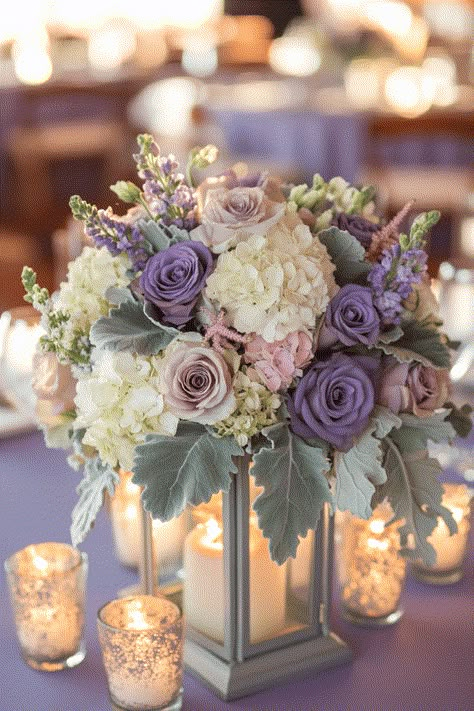 Purple Flower Candle Centerpieces, Lavender Mauve Wedding, Lilac And Greenery Wedding, Lavender Blush And Sage Wedding, Lavender Green And Gold Wedding, Lilac Purple Wedding Centerpieces, Lavender Wedding Table Centerpieces, Lavender Wedding Centerpiece, Lavender Wedding Centerpieces Elegant