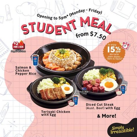 Pepper Lunch Student Meal Promotion from $7.50 Lunch Promotion Poster, Food Promotion Ideas, Lunch Menu Design, Food Promotion Design, Restaurant Promotion Ideas, Pepper Lunch, University Food, Restaurant Promotions, Website Menu