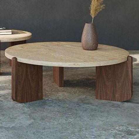 Wood And Marble Coffee Table, Marble Wood Coffee Table, Contemporary Living Room Coffee Tables, Living Room Table Wood, Japandi Coffee Table, Round Entryway, Rounded Coffee Table, Statement Coffee Table, Round Table Design