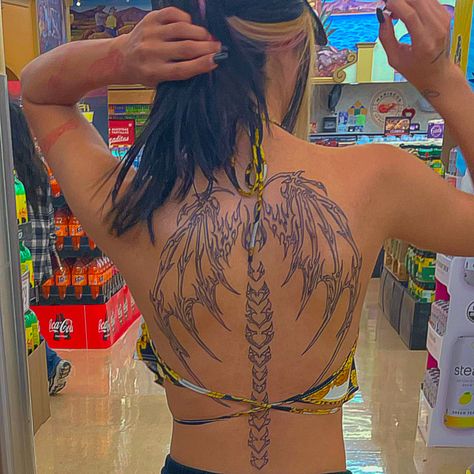 Skeleton Wing Back Tattoo, Dragon Wings Back Tattoo Women, Wing Spine Tattoos For Women, Dragon Wings Tattoo For Women, Spine Tattoos With Wings, Skeleton Wings Back Tattoo, Wing Tattoo Men Back, Spine Wing Tattoo, Dragon Wing Tattoo On Back