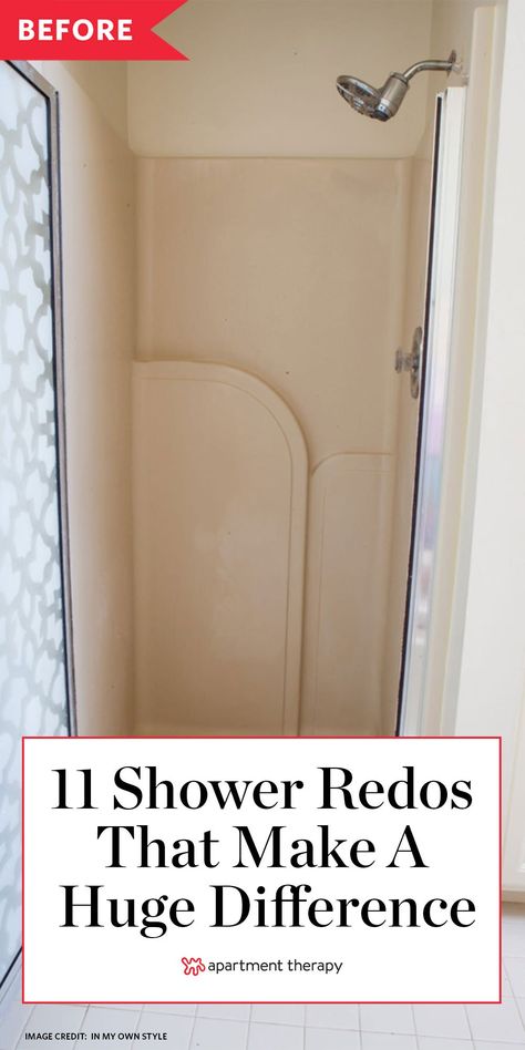 These 11 cool ideas for shower remodels completely transformed the bathroom. #showerremodel #showerideas #bathroomshower #showertiles #bathroomideas #bathroomdecor #bathroomtile #bathroommakeover Shower Makeover Diy, Replace Shower Door, Bathroom Shelf Decor Ideas, Shelving Ideas Bathroom, Diy Shower Door, Fiberglass Shower Stalls, Bathroom Shelving Ideas, Small Shower Stalls, Shower Remodel Ideas