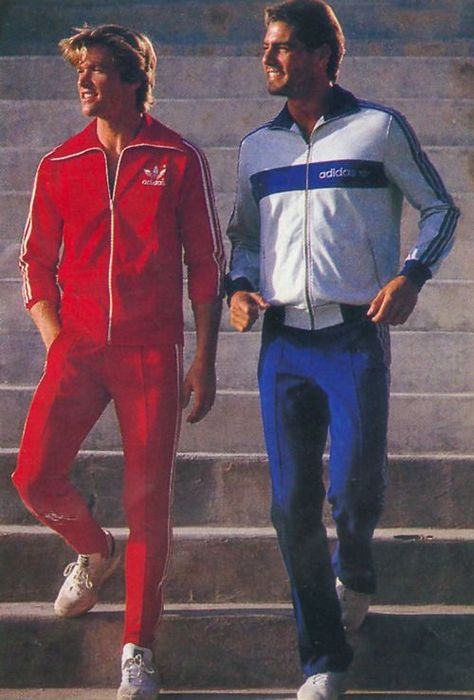 70s Sports Fashion, 70s Aesthetic Men, 80s Sports Fashion, 80s Track Suit, 80s Men Fashion, Track Suit Outfit, 70s Sportswear, Adidas Collection, Red Tracksuit