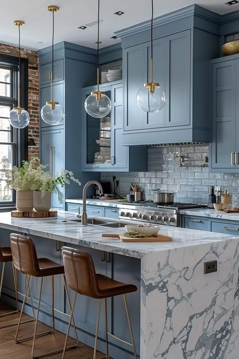 Home Staging Cuisine, Kitchen Open Concept, Blue Kitchen Designs, Blue Interiors, Blue Kitchen Cabinets, Blue Cabinets, Blue Accent, Kitchen Farmhouse, Blue Kitchen