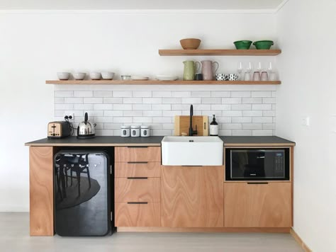 Airbnb Kitchenette, Basement Apartment Kitchen, Small Airbnb, Laminate Benchtop, Sustainable Tiny House, Drawer Microwave, Studio Kitchenette, Basement Laundry Room Makeover, Small Basement Kitchen