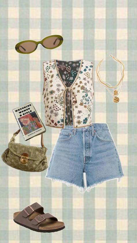 #affiliate Printed vintage look vest, denim jean shorts jorts, Birkenstock sandals brown, green vintage oval sunglasses, gold layered necklaces, green vintage Louis Vuitton purse, booktok book, trendy cute viral it girl outfit fashion idea summer 2024 spring style It Girl Outfit, Gold Layered Necklaces, Necklaces Green, Vintage Summer Outfits, Vest Denim, Summer Outfit Ideas, Louis Vuitton Purse, Summer Hot, Trendy Summer Outfits