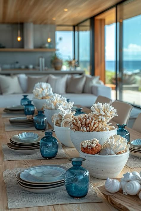 Beach Theme Garden Ideas, Coastal Centerpiece Ideas, Beach Table Decorations, Coastal Table, Outdoor Table Decor, Summer Table Decorations, Beach Table, Tablescape Ideas, Outdoor Dining Spaces