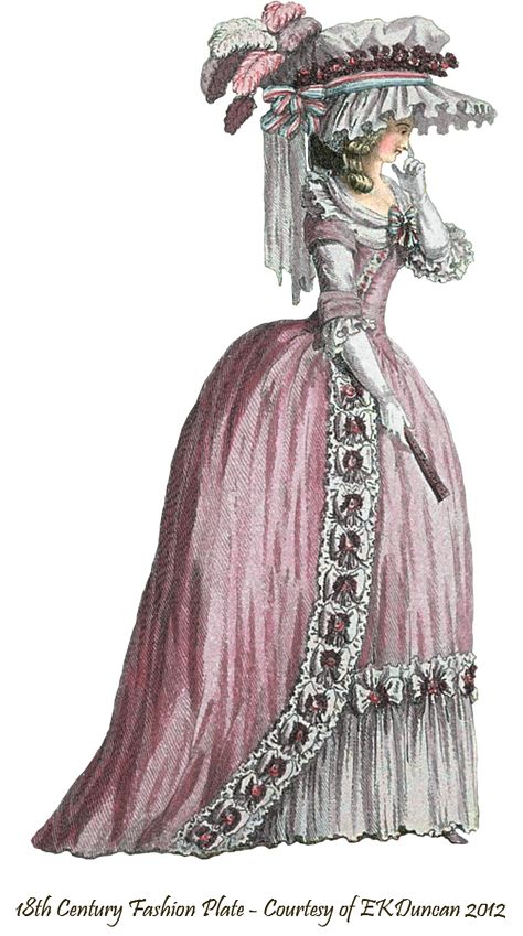 French Fashion (Mar 1785) - Cabinet Des Modes ou Les Modes Nouvelles - Rose version by EK Duncan 18th Century French Fashion, 1780s Fashion, 1700 Fashion, Antoinette Dress, Mode Rose, Rococo Fashion, Funny Postcards, Regency Period, 18th Century Clothing