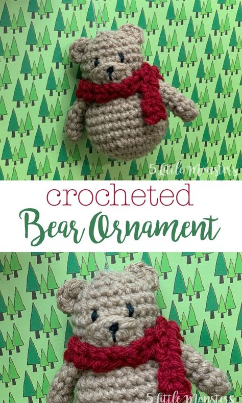 Crocheted Teddy Bear, Crocheted Bear, Wearing A Scarf, Teddy Bear Ornament, Crochet Christmas Ornaments Free, Crochet Ornament Patterns, Crochet Holiday, Crochet Stitches For Blankets, Crochet Xmas