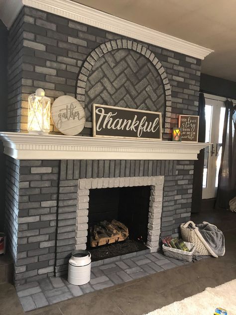 Fireplace Makeover: Grey Paint - The Happy Farmhouse Wash Brick Fireplace, White Wash Brick Fireplace, Grey Fireplace, Red Brick Fireplaces, Fireplace Redo, Painted Brick Fireplace, Painted Brick Fireplaces, Fireplace Update, Paint Fireplace