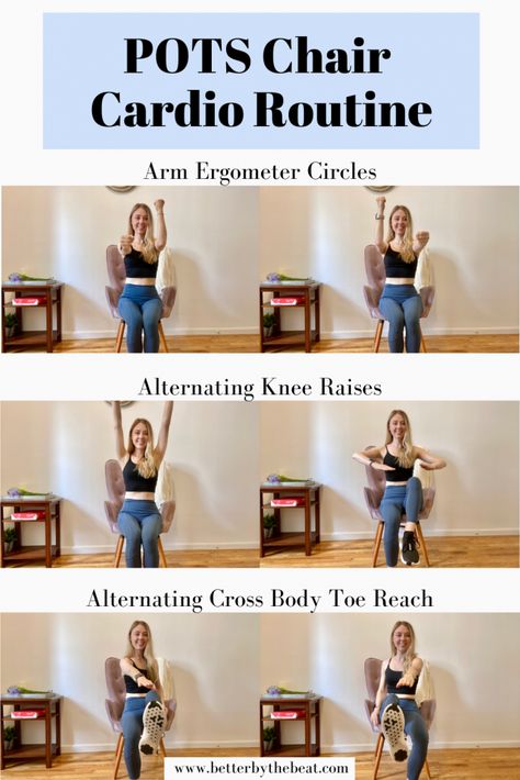 Exercise From A Chair, Low Impact Chair Workout, Dysautonomia Workout, Seated Cardio Workout Chair Exercises, Exercise Sitting In Chair, Exercising With Pots, Eds Workout Exercise, Exercises For Pots, Pots Workout Plan