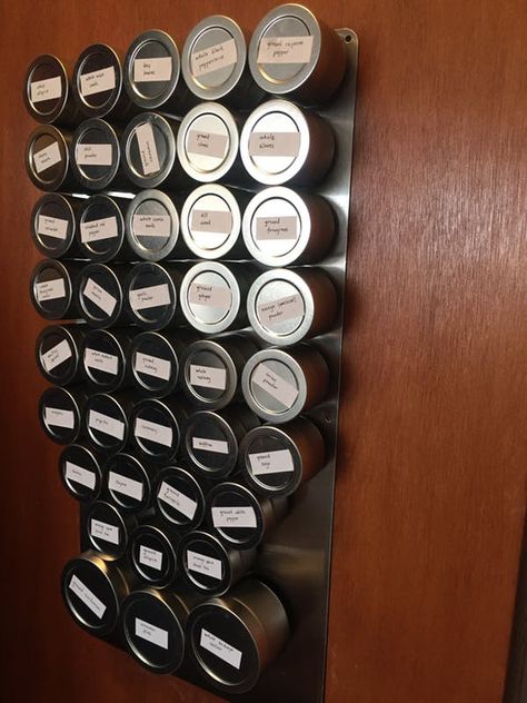 Imposing order on chaos costs only about $100 and a couple evenings spent at home. Magnetic Spice Rack Ideas, Spice Storage Diy, Magnetic Spice Rack Diy, Spice Rack Diy, Diy Spice Storage, Spice Storage Ideas, Kitchen Storage Organization Diy, Magnetic Spice Rack, Sewing Machine Cabinet