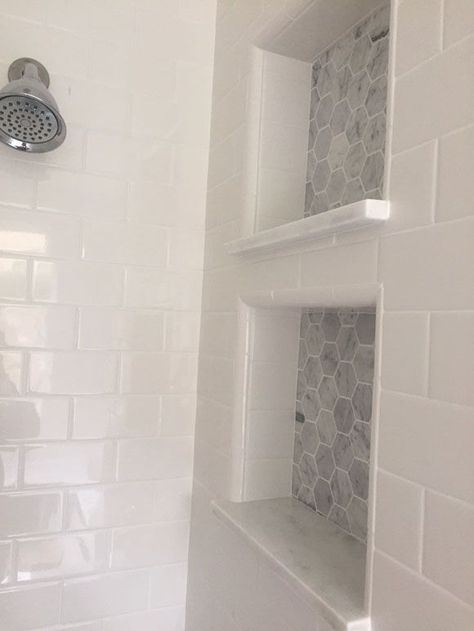 Master Bathroom Reveal: dual shower cubbies                                                                                                                                                      More Beautiful Master Bathrooms, Bilik Air, Master Shower, Bad Inspiration, Shower Niche, Bathroom Shower Tile, Bathroom Remodel Shower, Upstairs Bathrooms, Bath Room