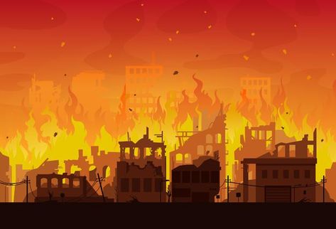 Burn House Background, Fire Background Drawing, House On Fire Drawing, City Background Drawing, Battlefield Background, City On Fire, Destroyed City, Town Drawing, Building On Fire