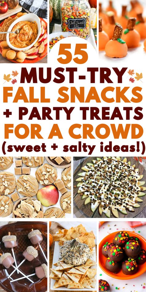 Fall snack ideas and autumn treats for a party, potluck, movie night, or Halloween or Thanksgiving gathering. These sweet and salty snacks include charcuterie boards, snack mixes, mini desserts and finger foods. Carry In Snack Ideas, Fall Sweet And Salty Snacks, Party Snacks Fall, Salty Fall Party Snacks, October Party Food Ideas, September Snack Ideas, Simple Fall Party Food, Fall Food For Parties, Fall Festival Party Food