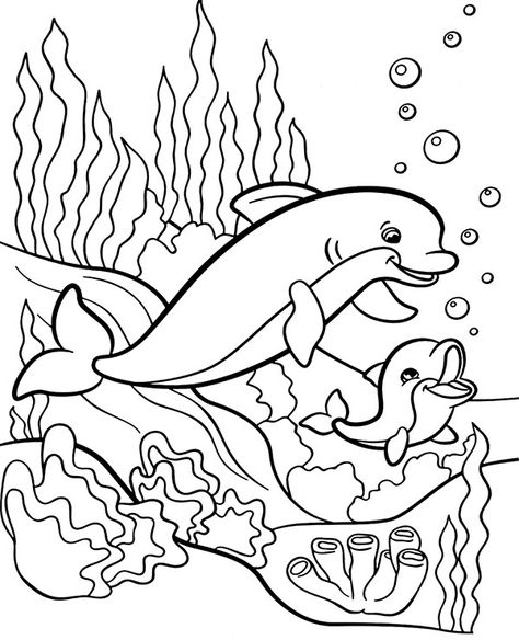 Two dolphins coloring page to print or download for children Underwater Coloring Pages, Dolphin Underwater, Dolphin Drawing, Baby Dolphin, Ocean Coloring Pages, Dolphin Coloring Pages, Summer Coloring Pages, Colouring Printables, Animal Coloring Books