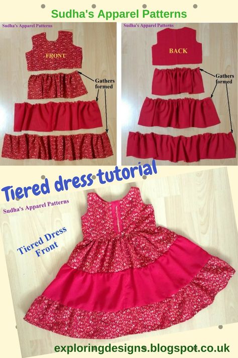 The Tiered Dress Tutorial. I have made this dress for a 3 year old. I have used a combinations of embroidered and plain Georgette fabric for making this tiered dress. You can use striped, checkered, plain fabrics or their combinations to make this tiered dress. Diy Tiered Dress, Tiered Dress Tutorial, Tiered Dress Pattern, Girls Dress Pattern Free, Crochet Toddler Dress, Baby Dress Diy, Toddler Dress Patterns, Dress Patterns Diy, Dress Tutorial