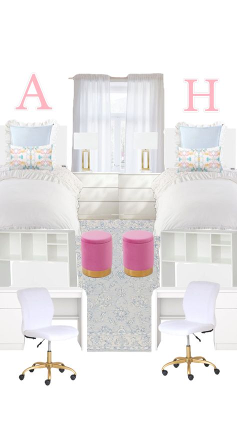 Sorority House Rooms, Dorm Room Themes, Pretty Dorm Room, Sorority Room, Blue Dorm, Pink Dorm Rooms, Preppy Dorm Room, College Dorm Room Inspiration, Dream Dorm Room