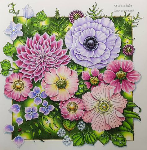 I enjoyed colouring this luxurious illustration in the equally luxurios World of Flowers by @johannabasford, I hope I have done it justice 💚🌸🌺💐 Such a fabulous book!! I used Holbeins and Prismacolors and some white gel and Posca 🎨✏️ #johannabasford #johannabasfordworldofflowers #worldofflowers #worldofflowerscolouringbook #worldofflowerscoloringbook #prismacolor #prismacolorpremier #friendswhocolour #bayan_boyan #enchantedcoloring #colorindolivrostop #coloring_secrets #arte_e_colorir #color Flowers Drawing Pencil, World Of Flowers Johanna Basford, Coloring Therapy, Flowers Mandala, Joanna Basford Coloring, Mandala Ideas, Secret Garden Colouring, World Of Flowers, Joanna Basford