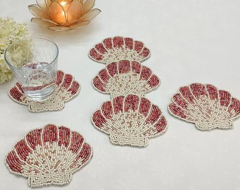 View Beaded Coasters by PDHCOLLECTIONS on Etsy Embroidery Coasters, Beaded Coasters, Handmade Pillows, Bead Embroidery, Beaded Embroidery, Handmade Shop, Under The Sea, Bead Work, Table Linens