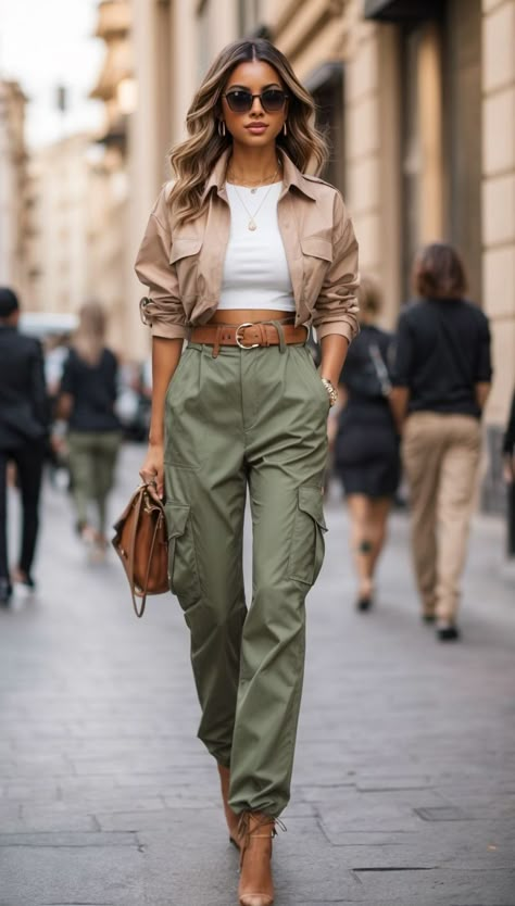 Cargo Pants Outfit Street Style, Moda Safari, Popular Spring Outfits, Safari Outfits, Look Boho Chic, Walking Down The Street, Wardrobe Color, Stil Boho, Capsule Closet