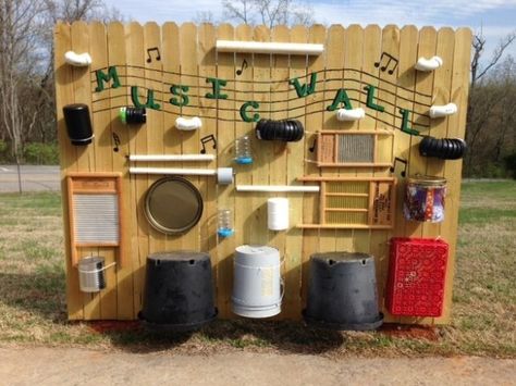 Upcycle just about anything onto a music wall. | 25 Ways To Seriously Upgrade Your Family's Backyard Kid Friendly Backyard, Preschool Playground, Outdoor Learning Spaces, Outdoor Play Spaces, Family Backyard, Outdoor Play Areas, Outdoor Music, Kids Outdoor Play, School Playground