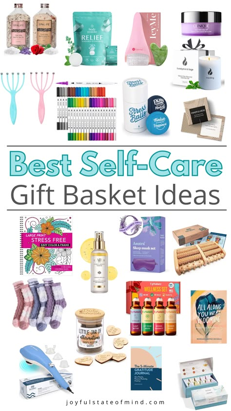 Unwind in style with over 40+ must-have self-care gift basket ideas! Treat yourself to a spa day at home or create a unique and thoughtful gift for someone special.🎁🛁 Healing Box Ideas, Diy Self Care Kit Ideas, Self Care Goodie Bags Gift Ideas, Diy Selfcare Gift Basket, Spa Night Gift Basket, Teen Self Care Basket, Bath Set Gift Basket Diy, Diy Spa Gift Basket Ideas, Smoothie Gift Basket Ideas