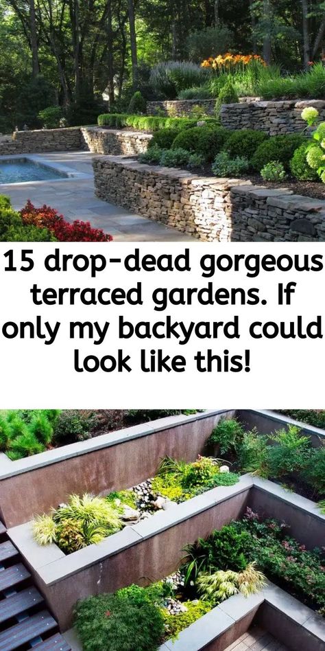 15 drop-dead gorgeous terraced gardens. If only my backyard could look like this! Stair Garden, Tiered Landscape, Steep Gardens, Terraced Gardens, Sloped Backyard Landscaping, Terraced Landscaping, Terraced Backyard, Terrace Garden Ideas, Hillside Garden