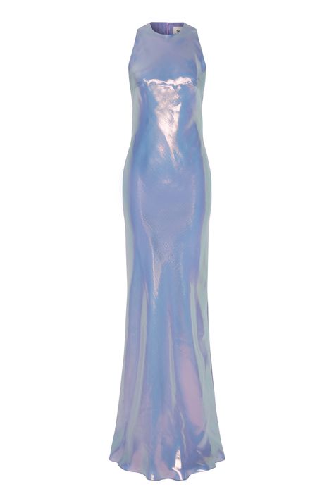 With a 90s-esque silhouette, three layers of silk are cut on the bias for this stunning iridescent periwinkle gown. The combination of the cut and the fabric make for an almost liquid effect on the body. Pair with silver accessories to complete the look. Sheer Iridescent Dress, Iridescent Dress Aesthetic, Iredesant Dress, Iridescent Blue Dress, Periwinkle Clothes, Periwinkle Dress Formal, Acotar Dresses, Periwinkle Outfit, Iridescent Outfit